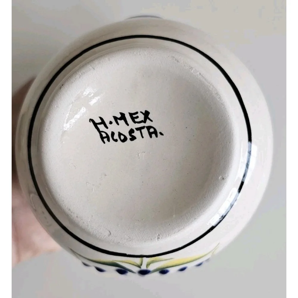 Mexican Ceramic Floral Pitcher | Hand Applied Raised Slip | Signed H Mex Acosta